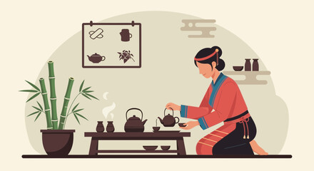 Fototapeta premium Traditional Tea Ceremony Illustration Featuring Woman Pouring Tea With Bamboo Plant