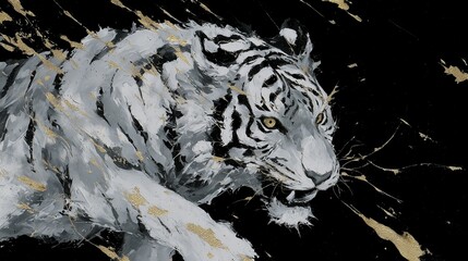 黒背景に迫力ある白虎の抽象油絵　金彩入り動物画素材