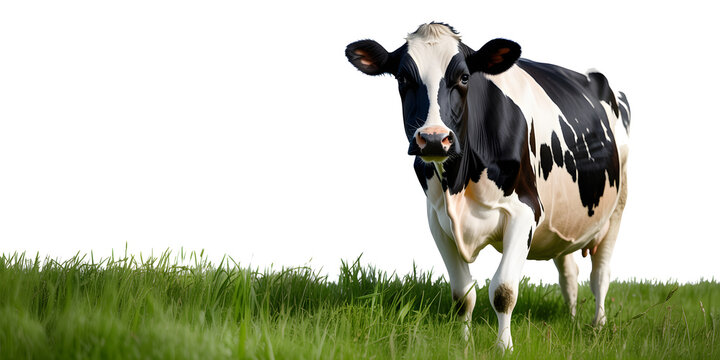Black and white Holstein cow standing in lush green grass, looking directly at the viewer.