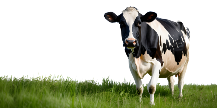 Black and white Holstein cow standing in lush green grass, looking directly at the viewer.