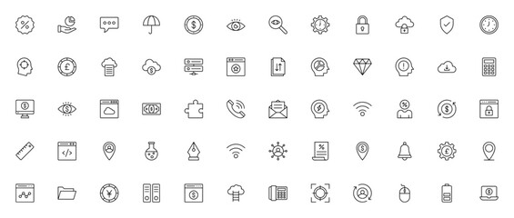 Business Startup icon set. Minimal vector icons pack. Includes symbols for percentage, hand, chat bubble, umbrella, coin, eye, magnifying glass, watch, lock, cloud, shield and more. Editable stroke.