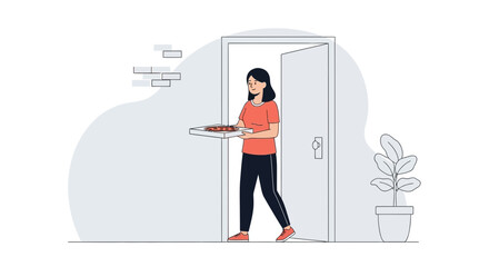 Woman Delivers Pizza Box Through Doorway With Home Interior Details