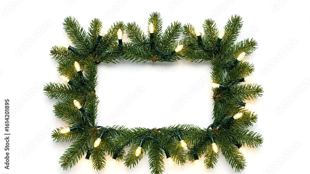 Poster a rectangular frame of fir branches strung with lights set against a plain white backdrop