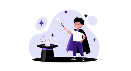 Young Magician Performing a Trick With Wand Hat and Rabbit Illustration