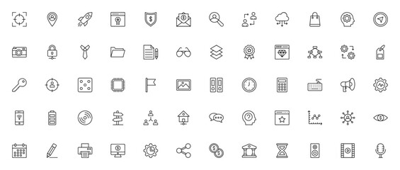 Marketing icon set. Business vector collection. Includes Target, Rocket, Shield, Shopping Bag, Web, Magnifying Glass, and 50+ editable symbols for ads, campaigns, and branding. Clean line style.