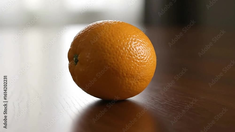Poster a single orange with a textured peel sits on a glossy dark surface with a soft light source