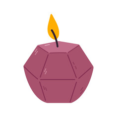Geometric purple candle with flame on white background