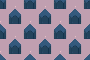 Seamless pattern with prism-shaped blue candles on lavender background
