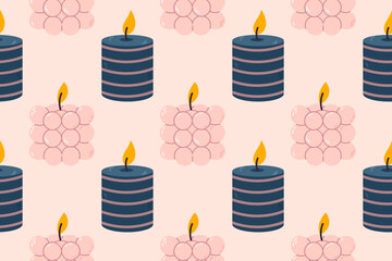Seamless pattern with striped blue candles and pink bubble candles on light background