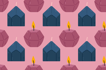 Seamless pattern with geometric purple and prism-shaped candles on pink background