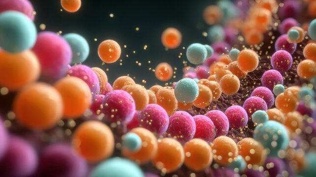 3D molecular image depicting reduced secretion waves from a master gland causing diminished endocrine responses in target organs.