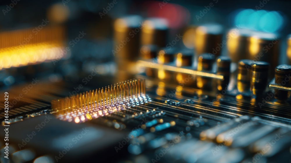 Poster closeup medium shot highlighting the intricate quantum chip on a burnin testing rack crisp details o