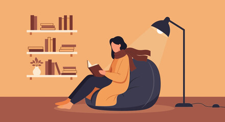 Woman Reading Book Enjoying Cozy Atmosphere At Home In Comfortable Beanbag
