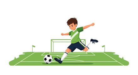 Fototapeta premium Young Player Kicking Soccer Ball Towards Goal on Grassy Field During Match