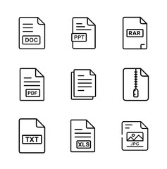File format icon set including PDF, DOC, XLS, ZIP, JPG, PSD and more extensions in minimal black style for digital document and media symbols
