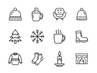 Cozy winter icon set in simple line art style with sweater, fireplace, hot beverages, socks, books, mittens, and more for seasonal comfort illustrations.
