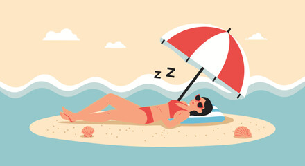 Woman Relaxing On The Beach Under An Umbrella In Summer Vacation