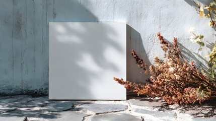 Blank canvas positioned against a weathered wall with dried flowers.