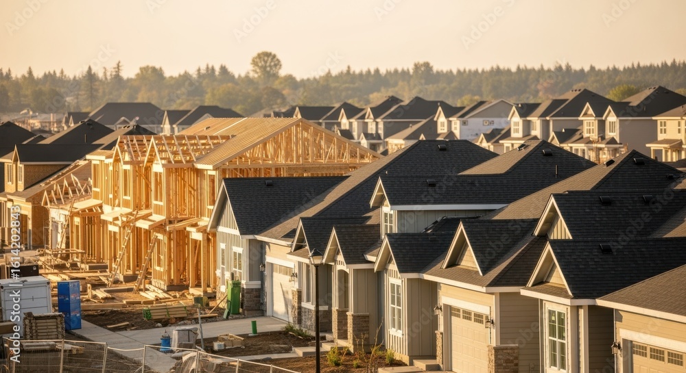 Poster housing development site displaying different building stages from framing to nearcompletion.