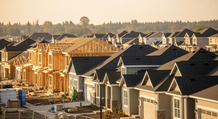 Housing development site displaying different building stages from framing to nearcompletion.