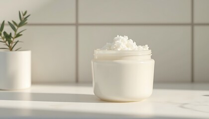White Creamy Scrub in Jar with Green Plant on Tiled Countertop