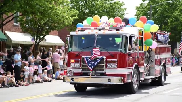 A festive fire truck adorned with balloons at a lively parade.