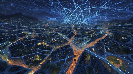 a massive living city organism, glowing neural pathways as roads, illuminated windows as brain cells, humans as moving energy points 