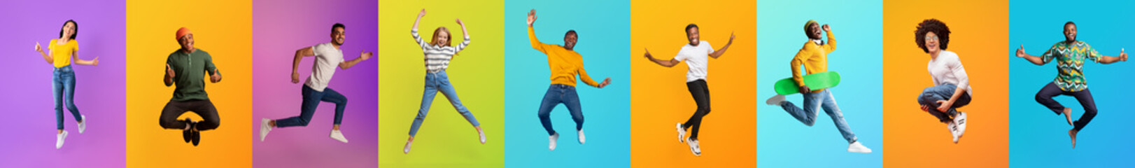 A diverse mix of individuals jumping joyfully against vibrant backgrounds showcases a celebratory...