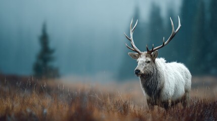 Obraz premium Regal elk standing majestically in a misty meadow with a pine forest
