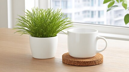 White ceramic mug and plant pot on a light wooden surface.