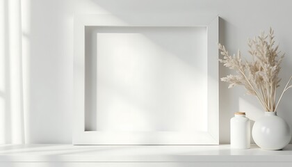 White Frame Mockup with Minimalist Decor on Shelf