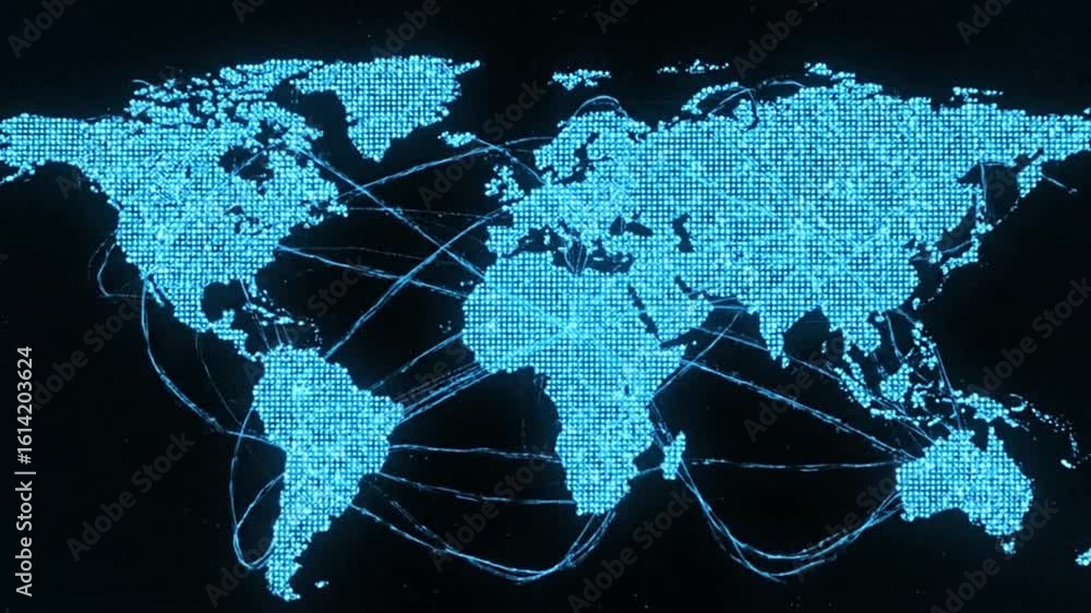 Poster a world map rendered in blue pixels against a black backdrop with blue lines connecting continents