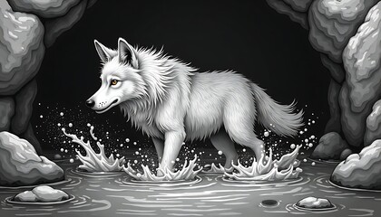 White Wolf Walking Through Water in Gray Cave Illustration