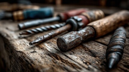 Aged hand tools placed on a weathered wooden surface in a workshop scene