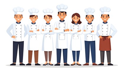 Diverse group of smiling chefs in uniform standing together with arms crossed against a white background