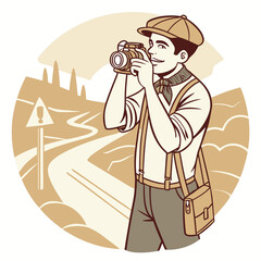 Retro Photographer – Man Taking a Photo with a Vintage Camera