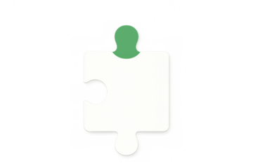 Single jigsaw puzzle piece with green top on a transparent background, representing problem-solving, strategy, and connection
