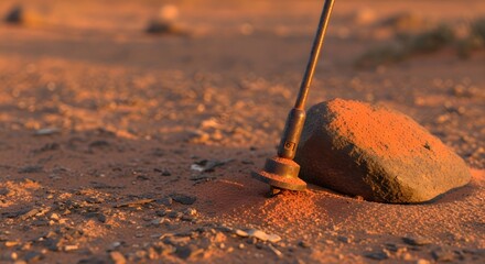 A close-up view of a metal stake driven into dry, sandy desert ground, with a rock and orange dust nearby.