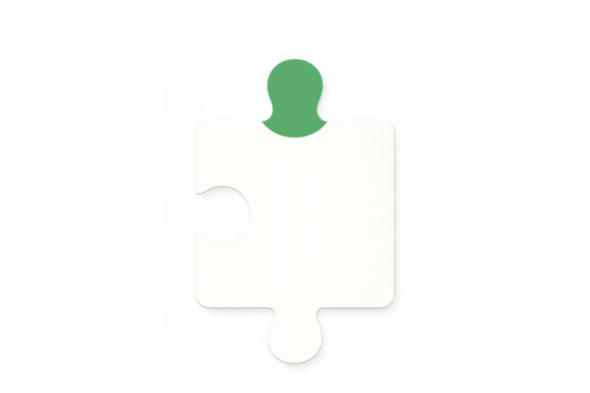 Single jigsaw puzzle piece with green top on a transparent background, representing problem-solving, strategy, and connection
