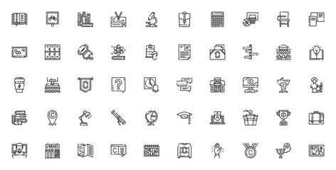 College icon set. Education vector pack. Includes symbols for book, microscope, backpack, diploma, teacher, library, globe, blackboard and more. Minimalist line icons.