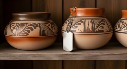 Traditional Native American pottery sits on a wooden shelf, with a military dog tag hanging from one pot.
