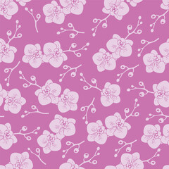 Seamless pattern pink orchid flowers. Elegant floral vector illustration.