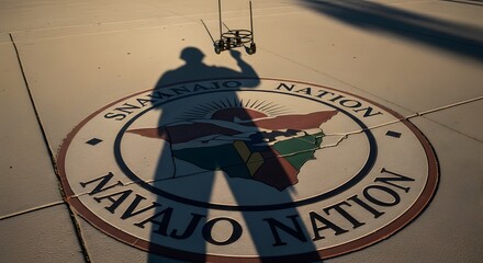 A person holding a drone casts a long shadow over the Navajo Nation logo on the ground.
