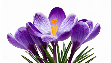 purple crocus flower blooming on isolated transparent background in nature spring environment close up view