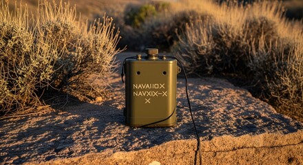 A green military device rests on a rock amidst desert vegetation, illuminated by sunlight.