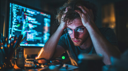 A man is sitting at a desk with two computer monitors in front of him