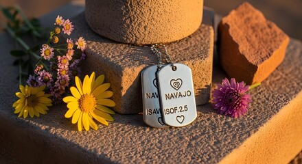Two dog tags with "San Navajo" inscription rest on a stone surface, surrounded by yellow and purple flowers, with a brick and stone cylinder in the background.