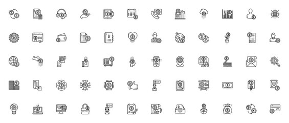 Bitcoin icon set. Crypto vector icons pack. Includes symbols for transaction, wallet, calculator, support, analytic, cloud, user, globe, lock, chat and more. Editable stroke design.