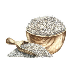 Rice in a wooden bowl, next to a wooden rice scoop. Hand-drawn watercolor illustration. Element of menu design, recipes, and cookbooks. For banners, flyers, packaging, labels, and more.