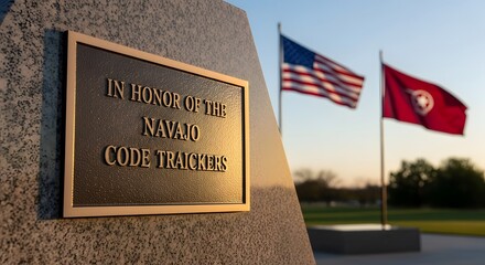 Bronze plaque commemorating Navajo Code Talkers, with American and another flag in background.